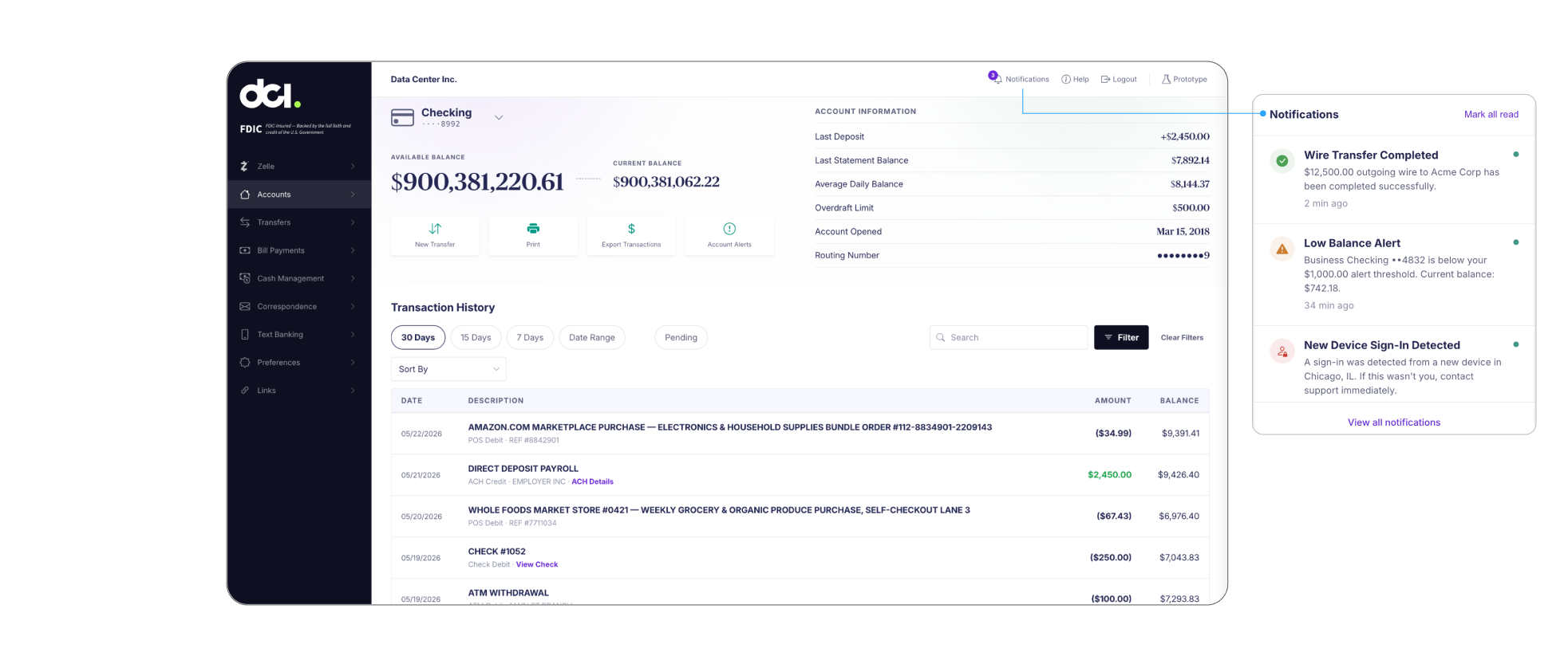 DCI GoBanking Checking Account Transactions screen