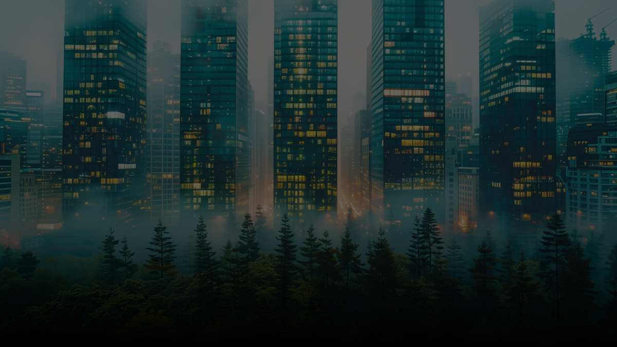City skyline rising above a misty evergreen forest