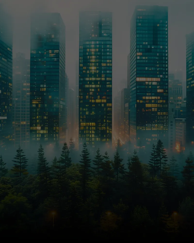 City skyline rising above a misty evergreen forest