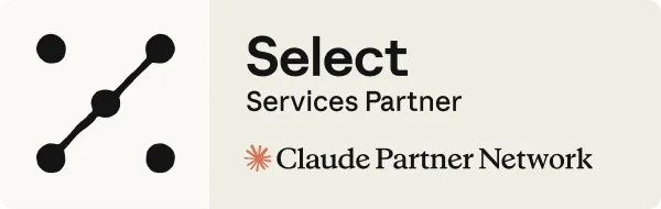 Logo featuring a black diagonal line with four black dots connected, accompanied by bold text 'Select Services Partner' and a smaller text 'Claude Partner Network' with a red star-like symbol.