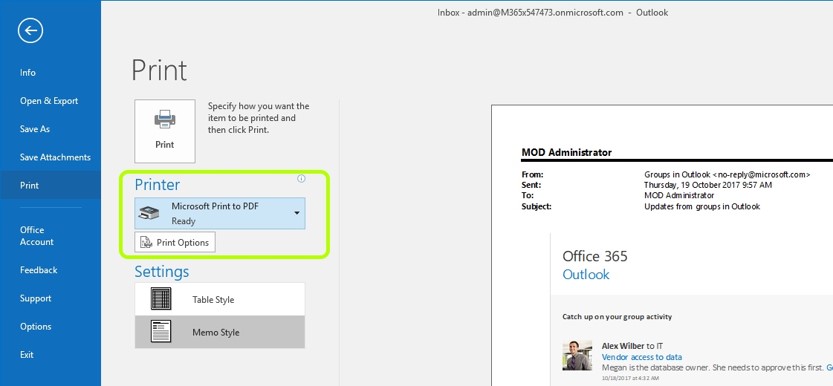 Outlook 2016 - Save email as a PDF