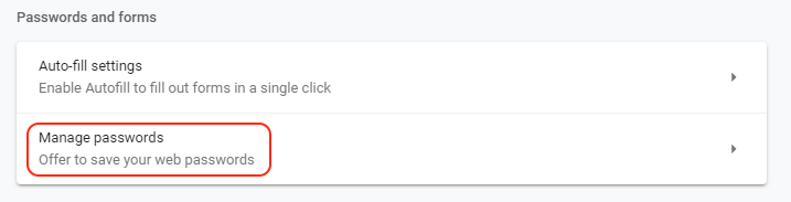 Google Chrome Manage Passwords menu