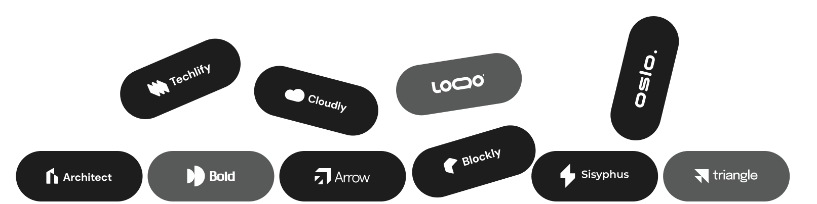 Black and gray pill-shaped logos of companies including Techlify, Cloudly, Logo, Oslo, and others.