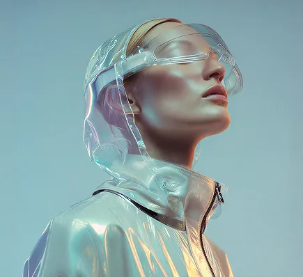 Profile of a woman wearing translucent futuristic hooded jacket and visor against a gradient blue background.
