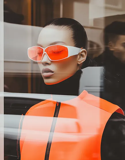 Woman wearing a bright orange vest and white sunglasses with orange lenses looking to the side.