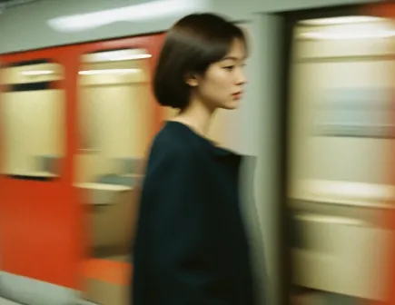 Profile of a woman walking past a blurred orange subway train in motion.