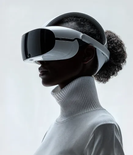 Person wearing a futuristic VR headset with part of the head exposed, dressed in a white turtleneck.