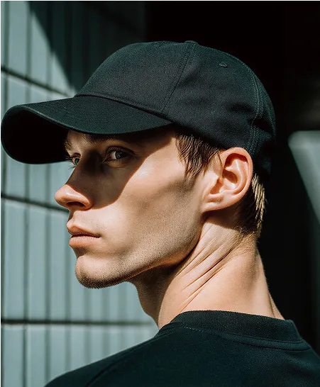 Young man in black cap and shirt looking to the side with sunlight casting shadows on his face.
