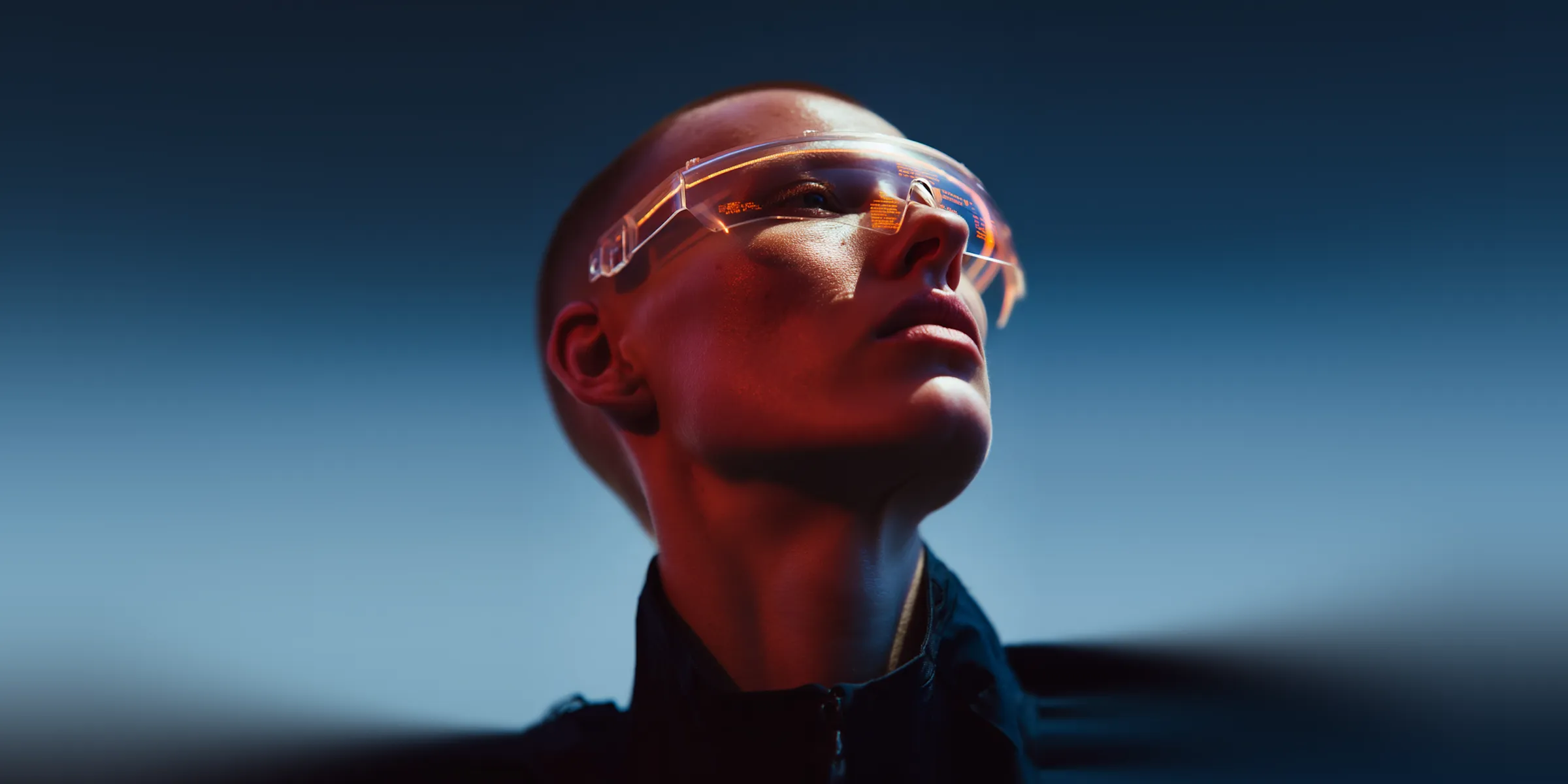 Person with short hair wearing futuristic transparent glasses with orange data overlays on a dark background.