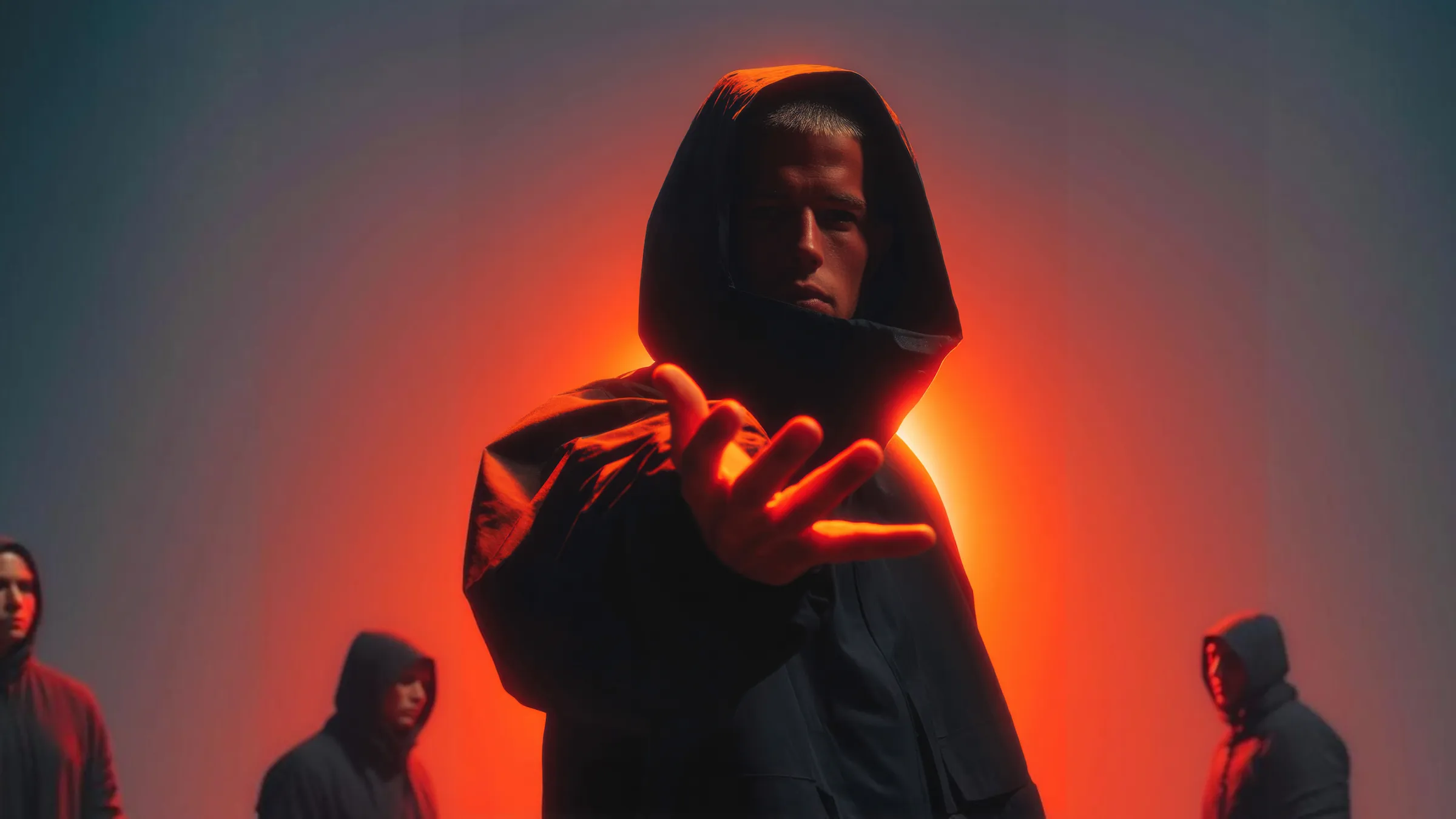 Person in a hooded jacket reaching out with glowing red light behind them, three others in hooded jackets stand apart.