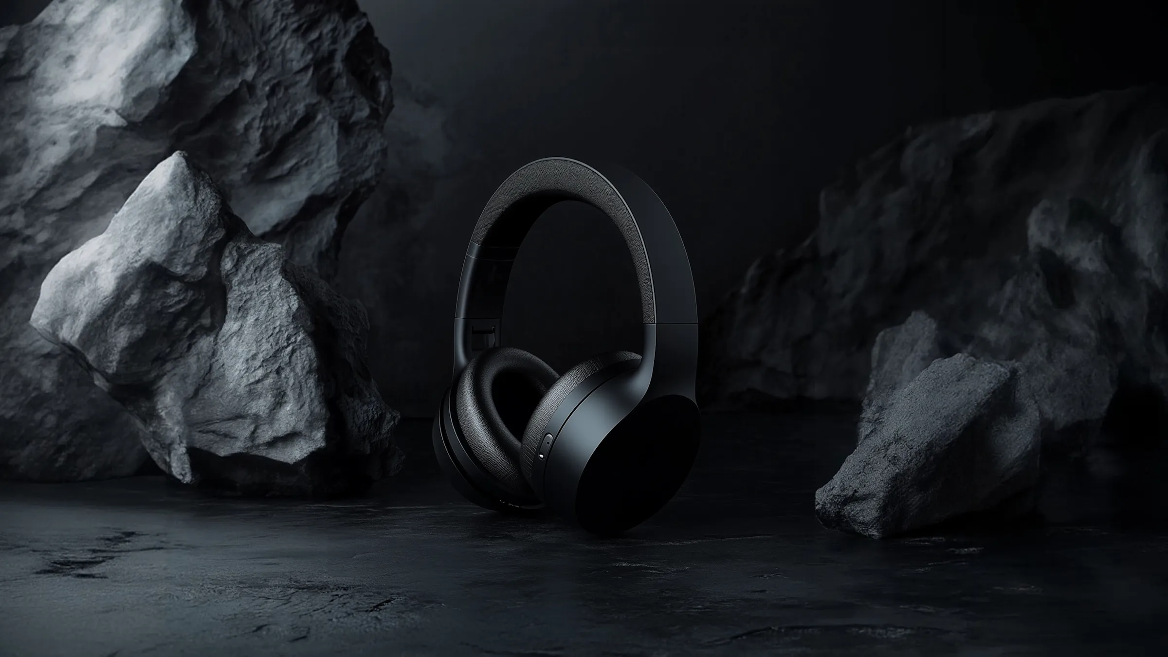 Black over-ear headphones standing on a dark textured surface with large rocks in the background.