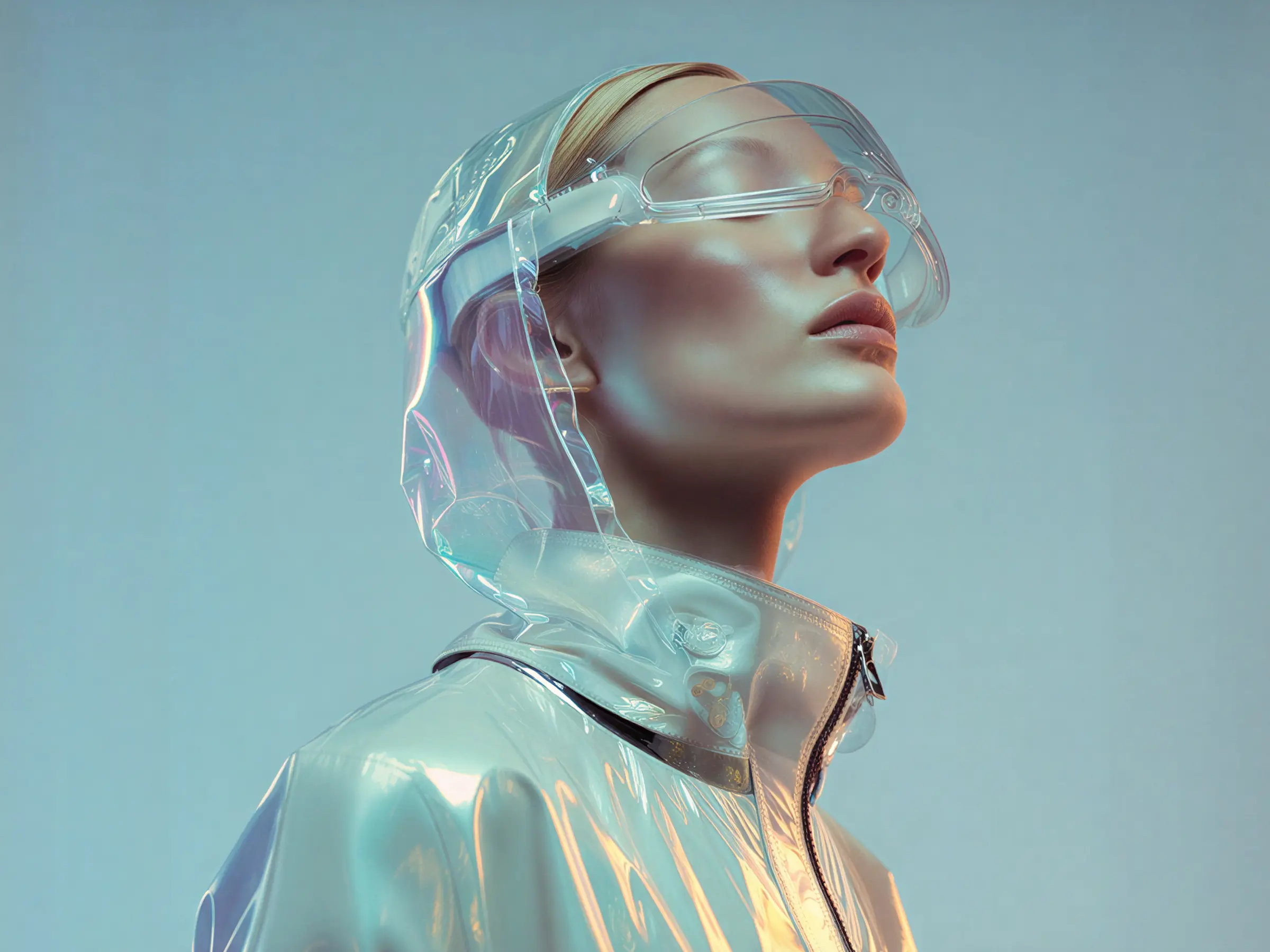 Profile of person wearing a clear plastic hooded jacket and protective glasses looking upward.