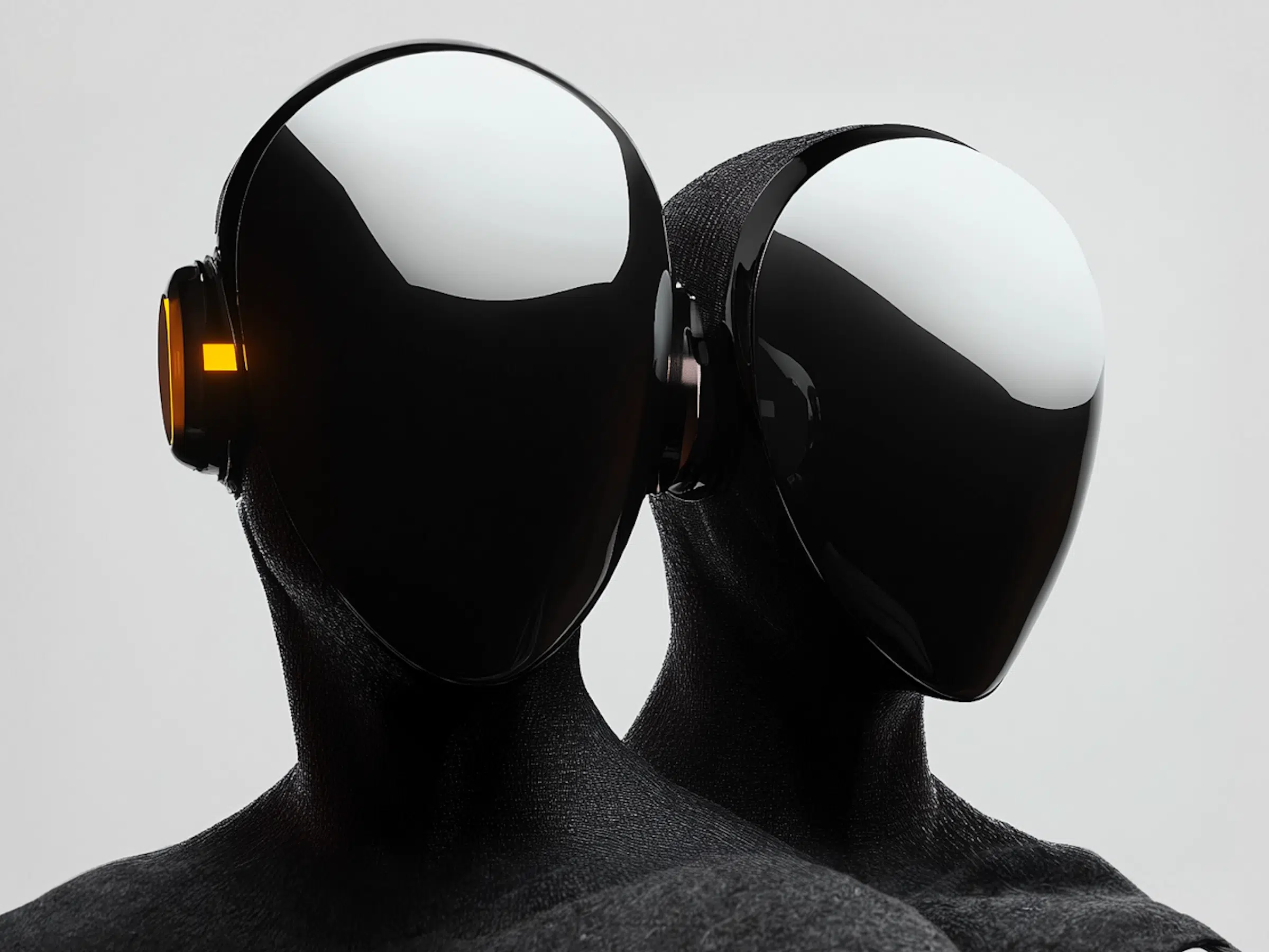 Two futuristic humanoid figures with smooth, reflective black helmets on a gray background.