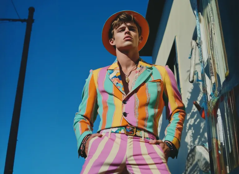 Young man wearing a colorful striped suit and hat, standing outdoors against clear blue sky.