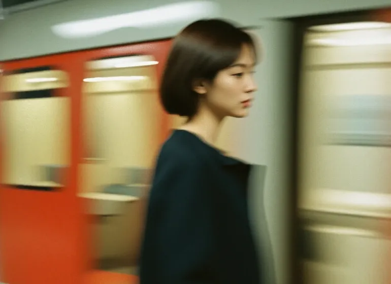 Blurred side profile of a woman with short hair walking past a moving red and beige train.