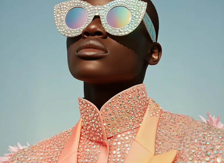 Stylish person wearing large crystal-studded sunglasses and a peach jacket with rhinestones against a blue sky.