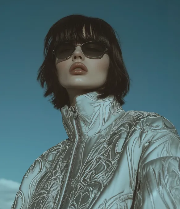 Woman with dark hair and sunglasses wearing a metallic silver jacket against a blue sky.