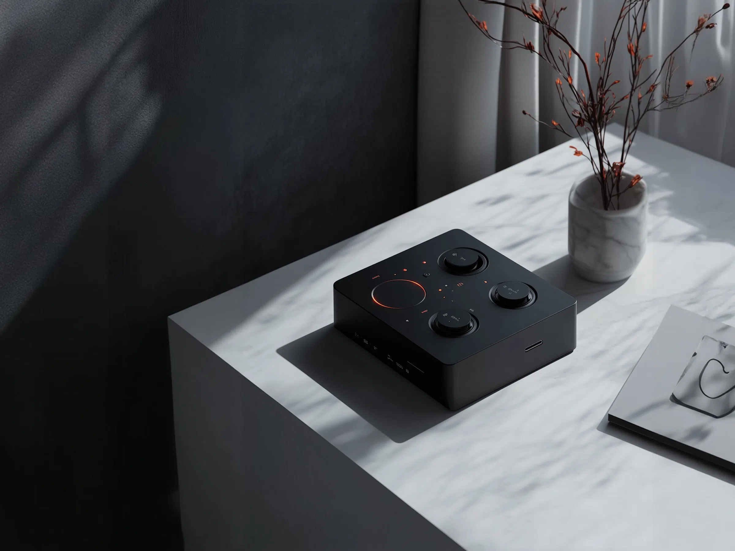Black wireless audio mixer with glowing red lights on white table next to a vase with dried branches.