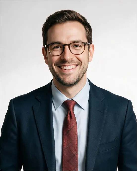 Smiling man wearing glasses, dark suit jacket, light blue shirt, and red tie standing against a white background.