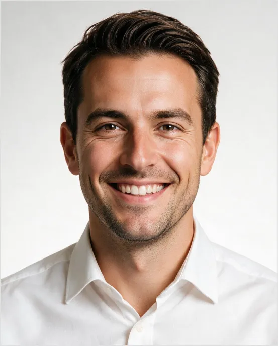 Smiling man with dark hair wearing a white collared shirt against a light background.