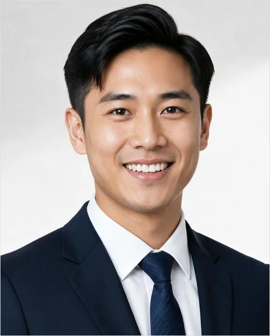 Smiling man with black hair wearing a dark suit, white shirt, and blue tie against a light background.