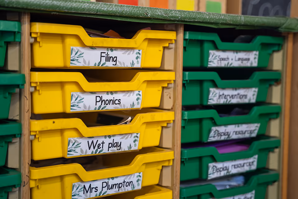 Yellow and green classroom storage trays labelled with subjects and resources, such as Phonics and Wet play.