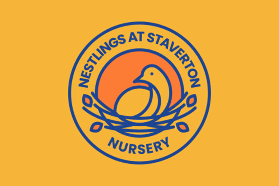 Nestlings at Staverton Nursery logo with a bird sitting in a nest, on a yellow background.