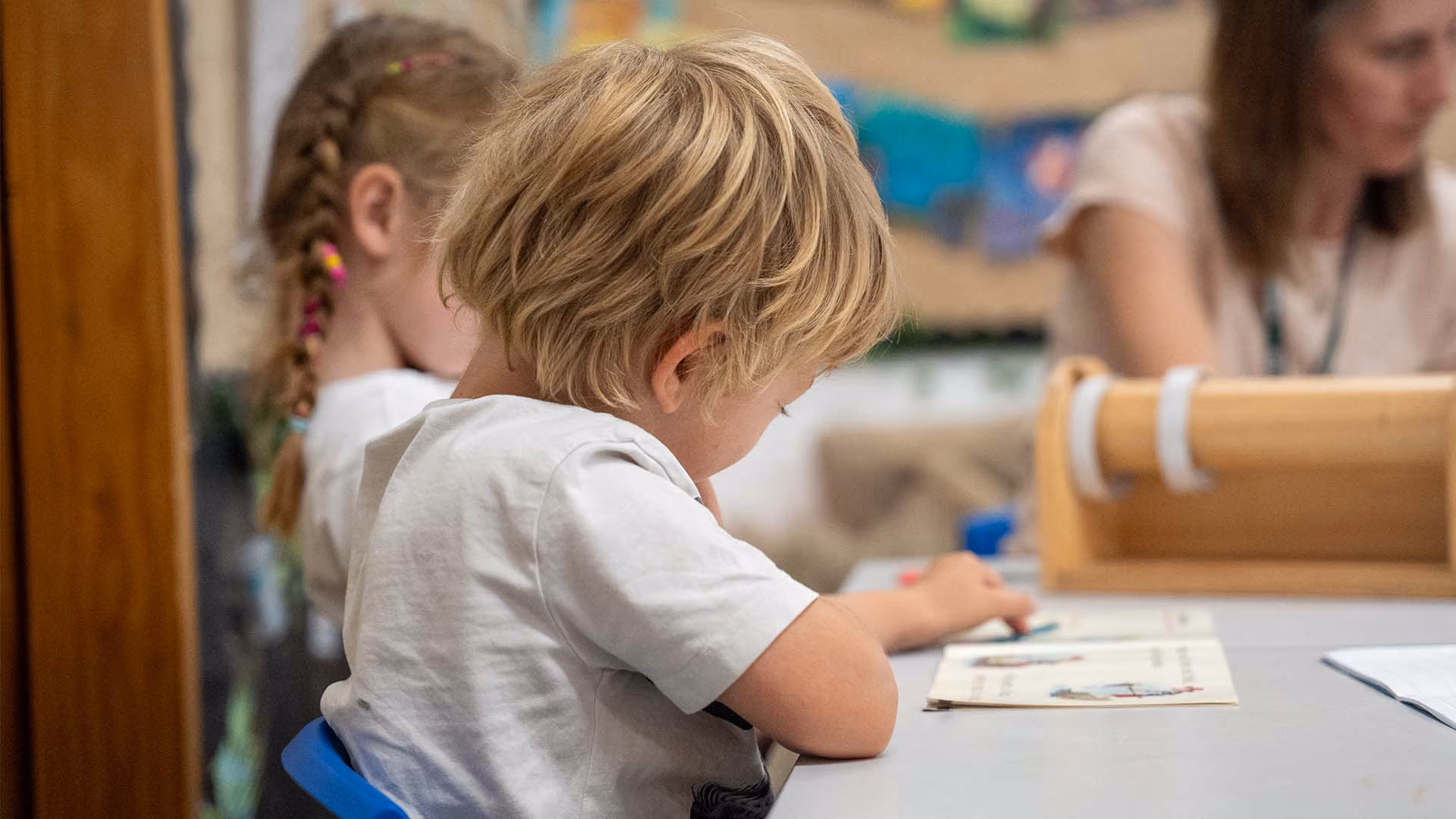 Young pupil seen from behind looking at a picture book at a classroom table.