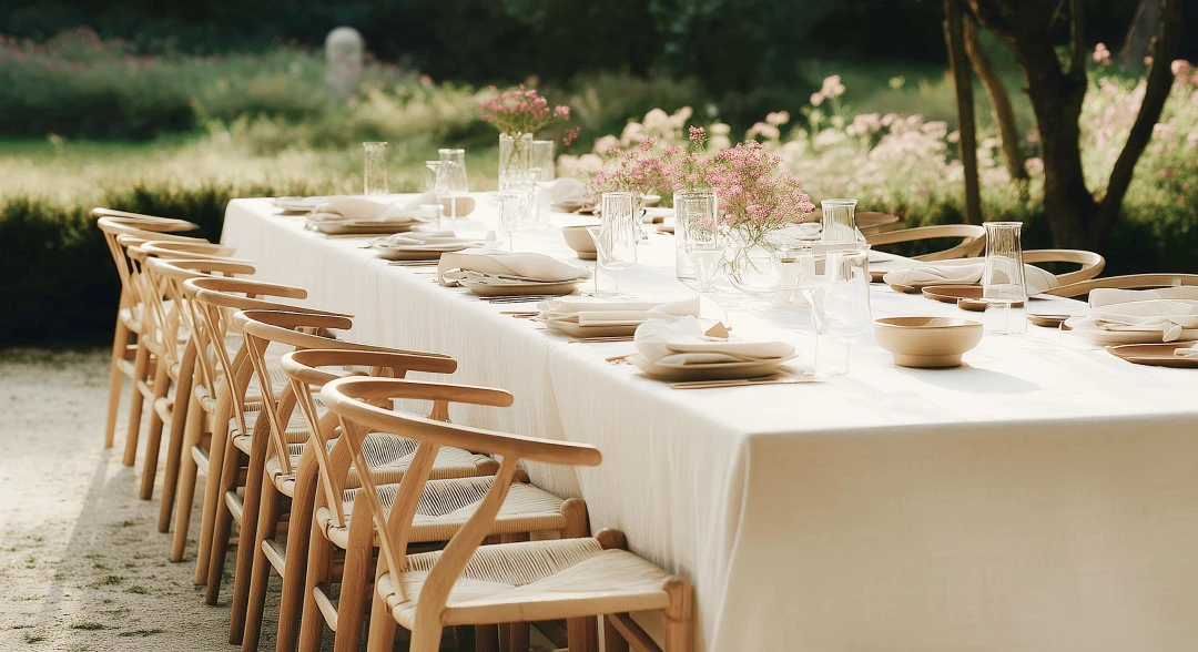 Elegant outdoor banquet table set for a wedding