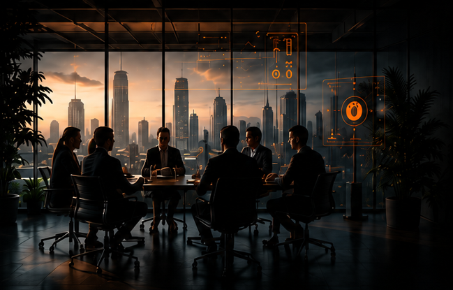 NovaPatterns team in a meeting room overlooking the city skyline
