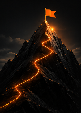 A glowing path leading to a flag at a mountain peak, representing our vision