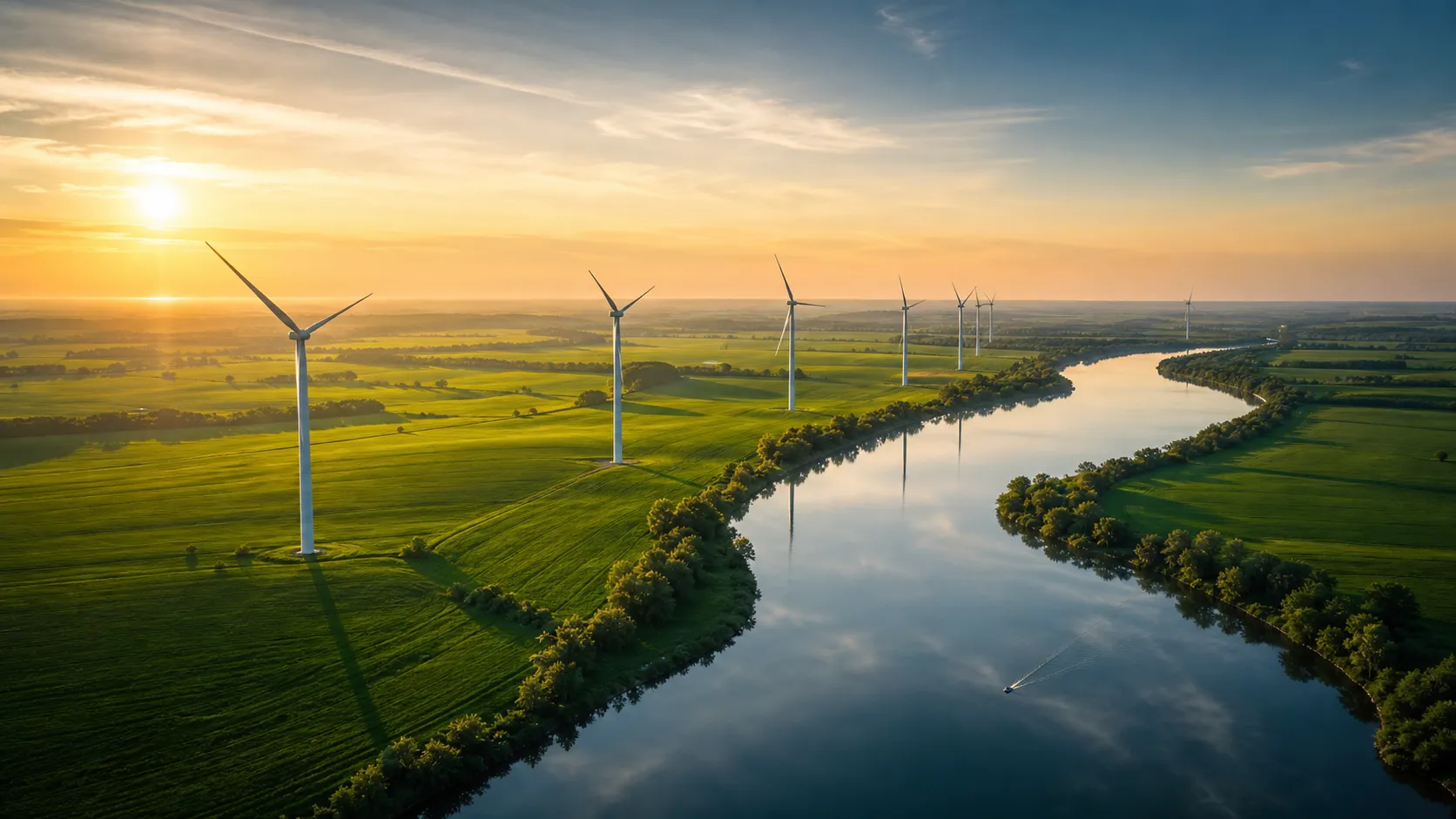 Wind turbines along a river curving through green fields at sunset with a boat on the water.