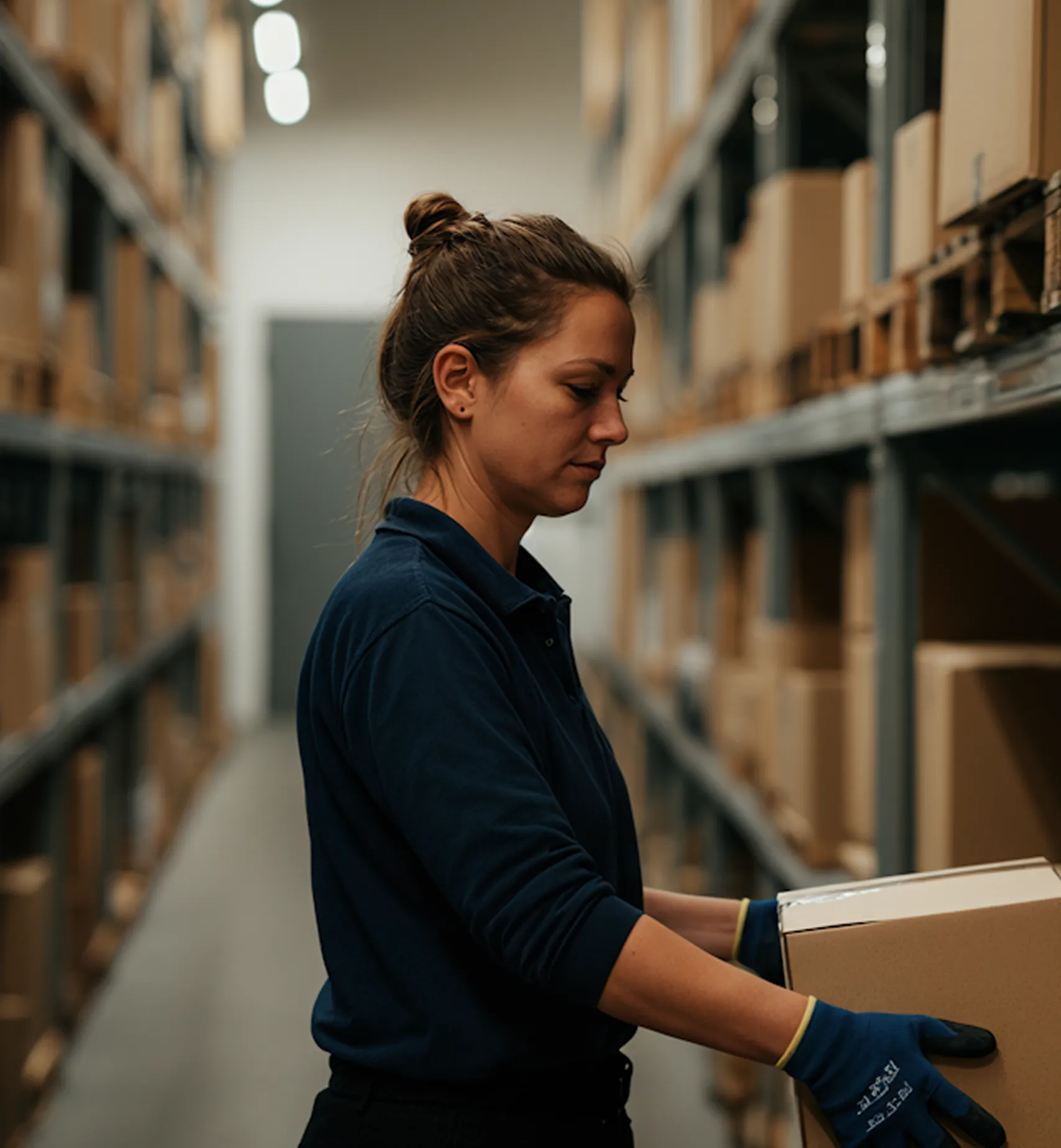 Woman in gloves handling a cardboard box in a warehouse aisle with shelves of packages.