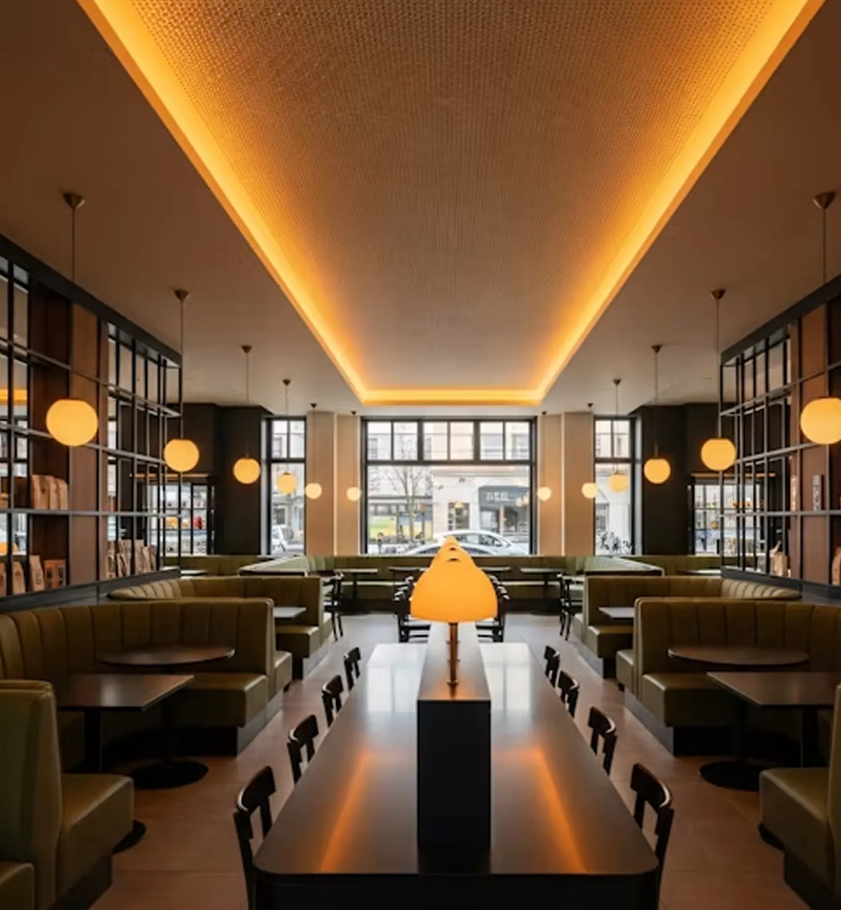 Modern cafe interior with green booth seating, black tables, and warm hanging globe lights.