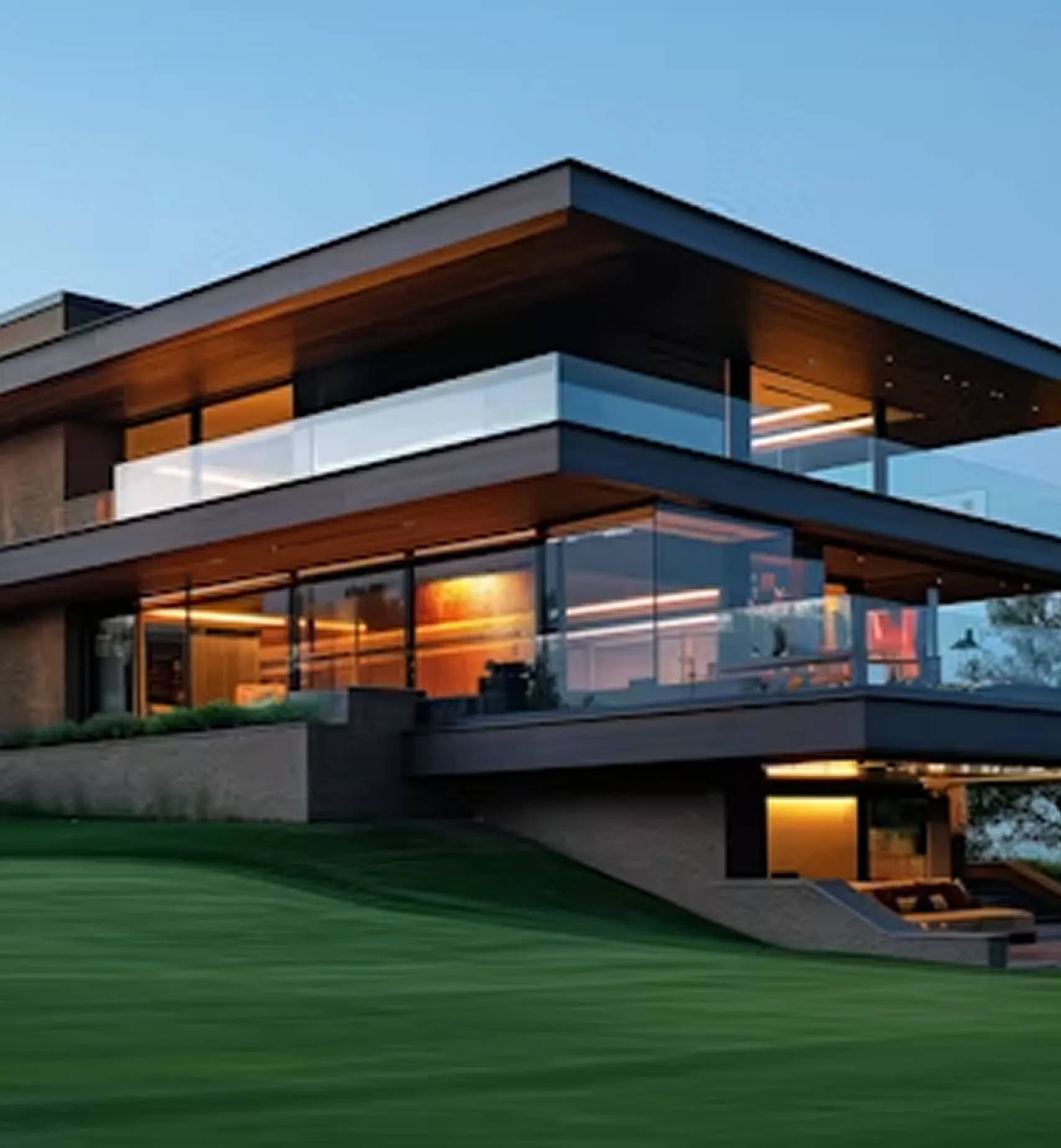 Modern two-story house with large glass windows and outdoor balcony overlooking green lawn.
