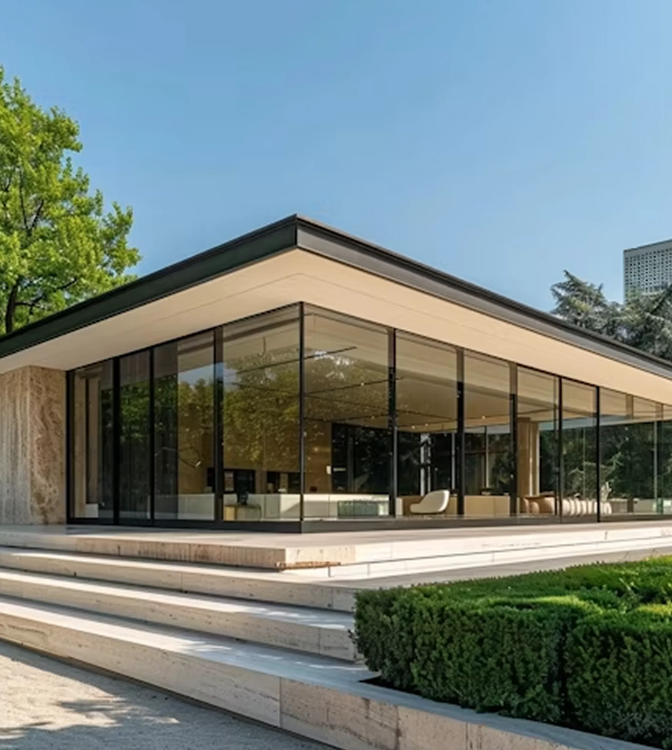Modern glass-walled pavilion with stone steps and manicured bushes under clear sky.