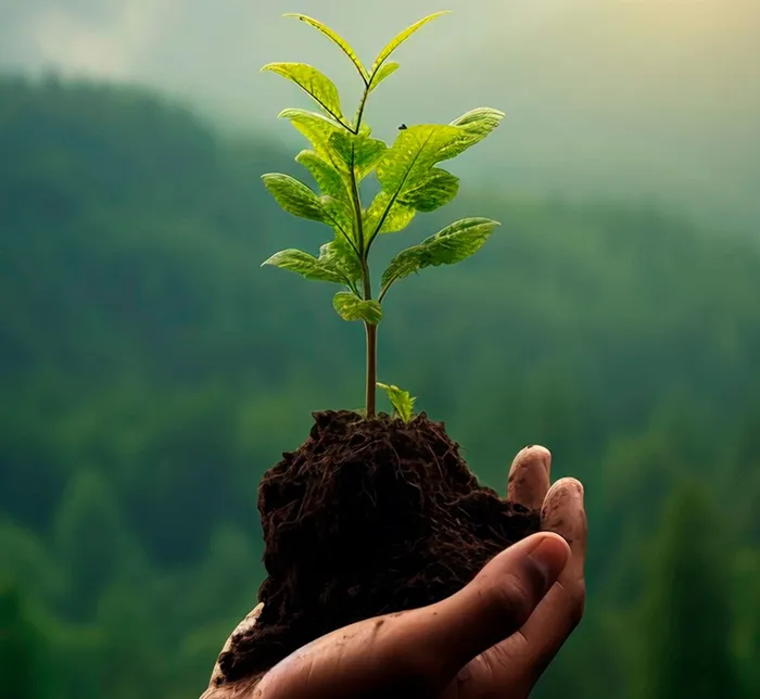 Hand holding a small plant with soil against blurred green forest background.