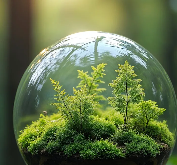 Small green plants growing on moss inside a clear glass sphere with a blurred green background.
