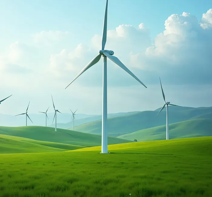 Wind turbines spinning on green rolling hills under a partly cloudy blue sky.