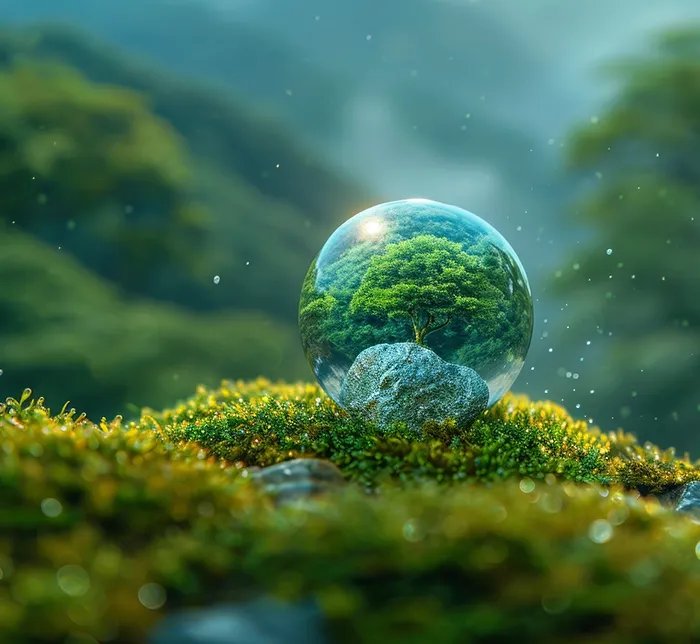 Small tree and rock magnified inside a clear glass sphere on mossy ground outdoors.