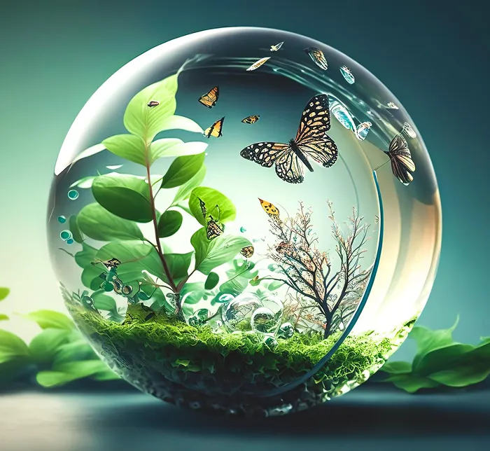 Glass sphere with green plants, moss, and butterflies symbolizing nature and life inside it.