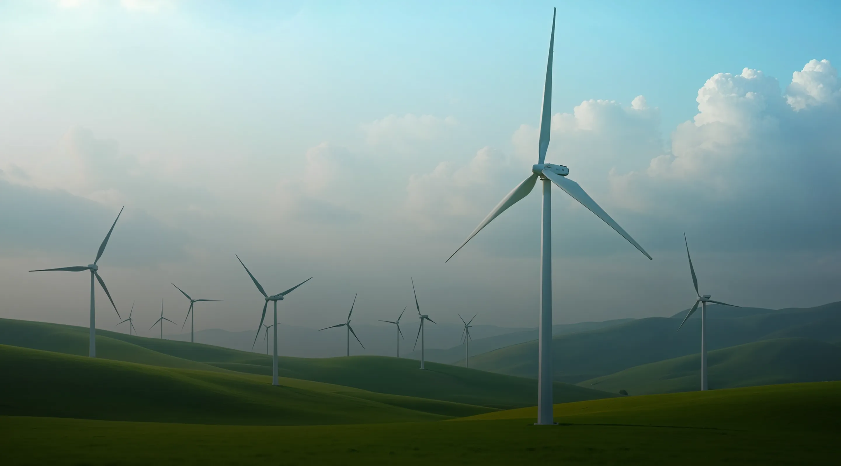 Wind turbines spread across green rolling hills under a cloudy sky at dusk.