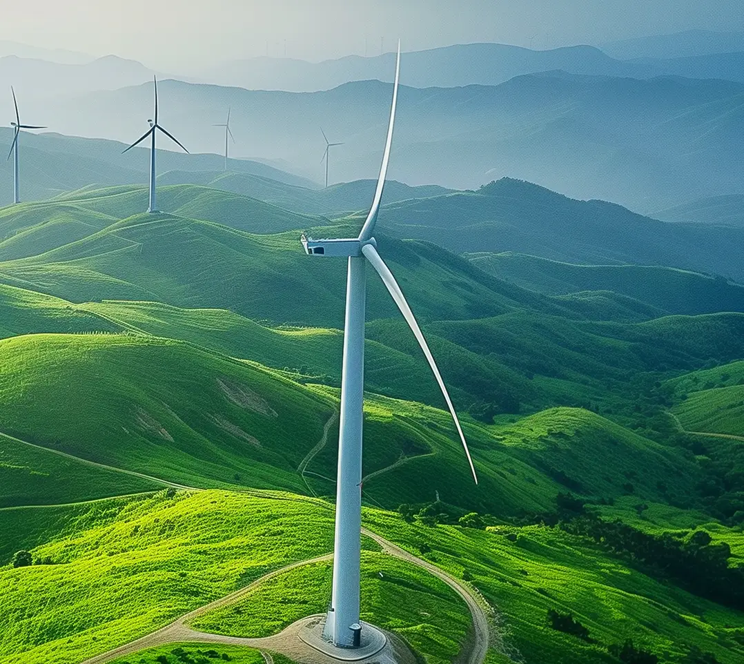 Wind turbines on lush green rolling hills under a hazy blue sky and distant mountains.