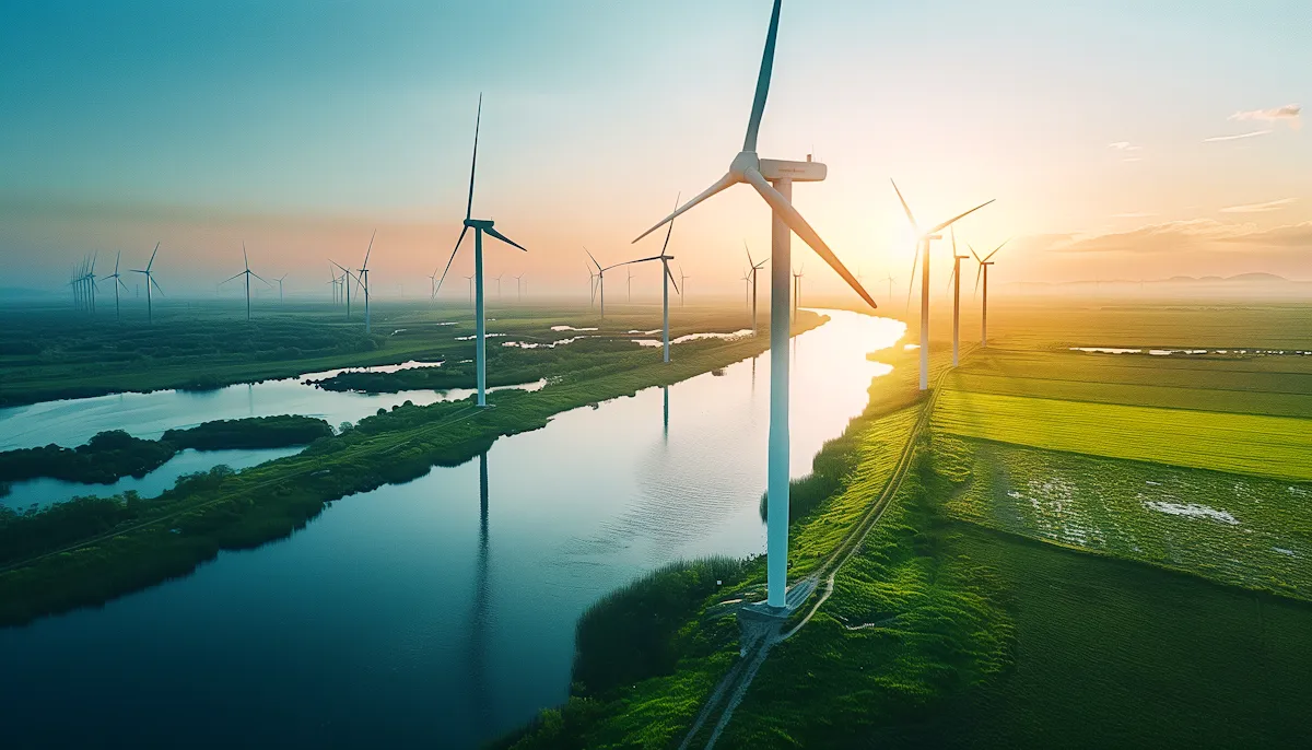Wind turbines along a river with green fields under a clear sky at sunset.