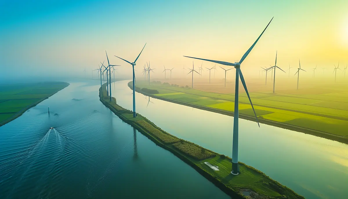 Wind turbines along a narrow island dividing two calm waterways with a boat moving on the left side.