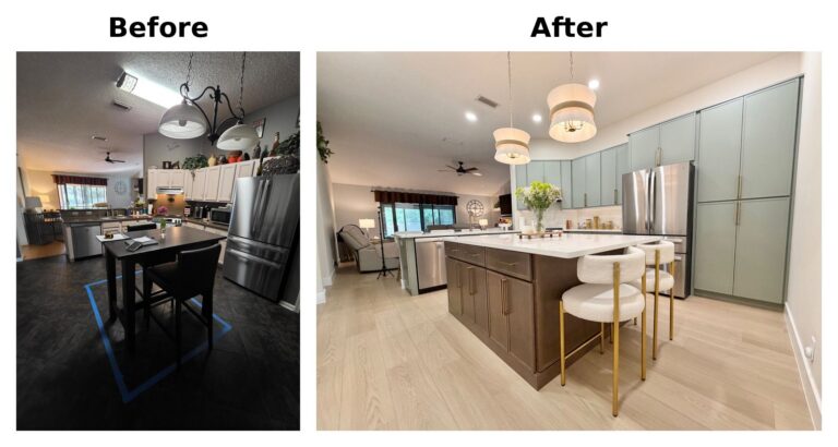 Before and after of a full kitchen remodel
