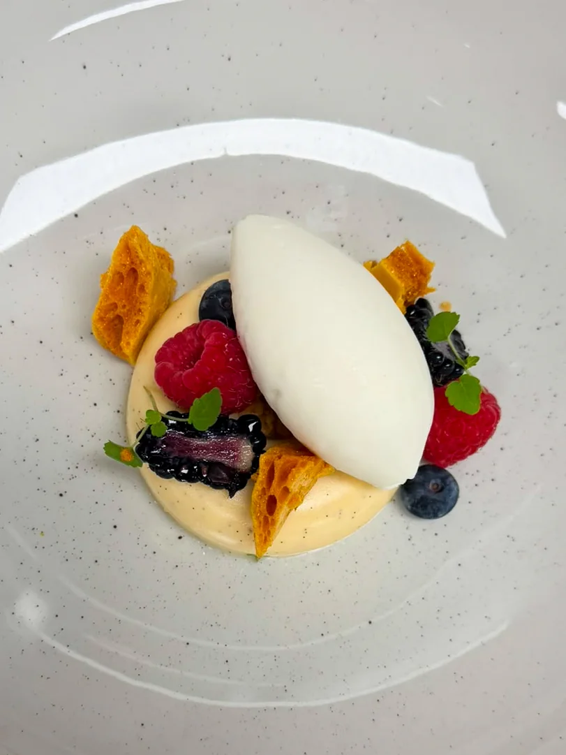 Dessert met sorbet, frambozen, bramen en honingraat