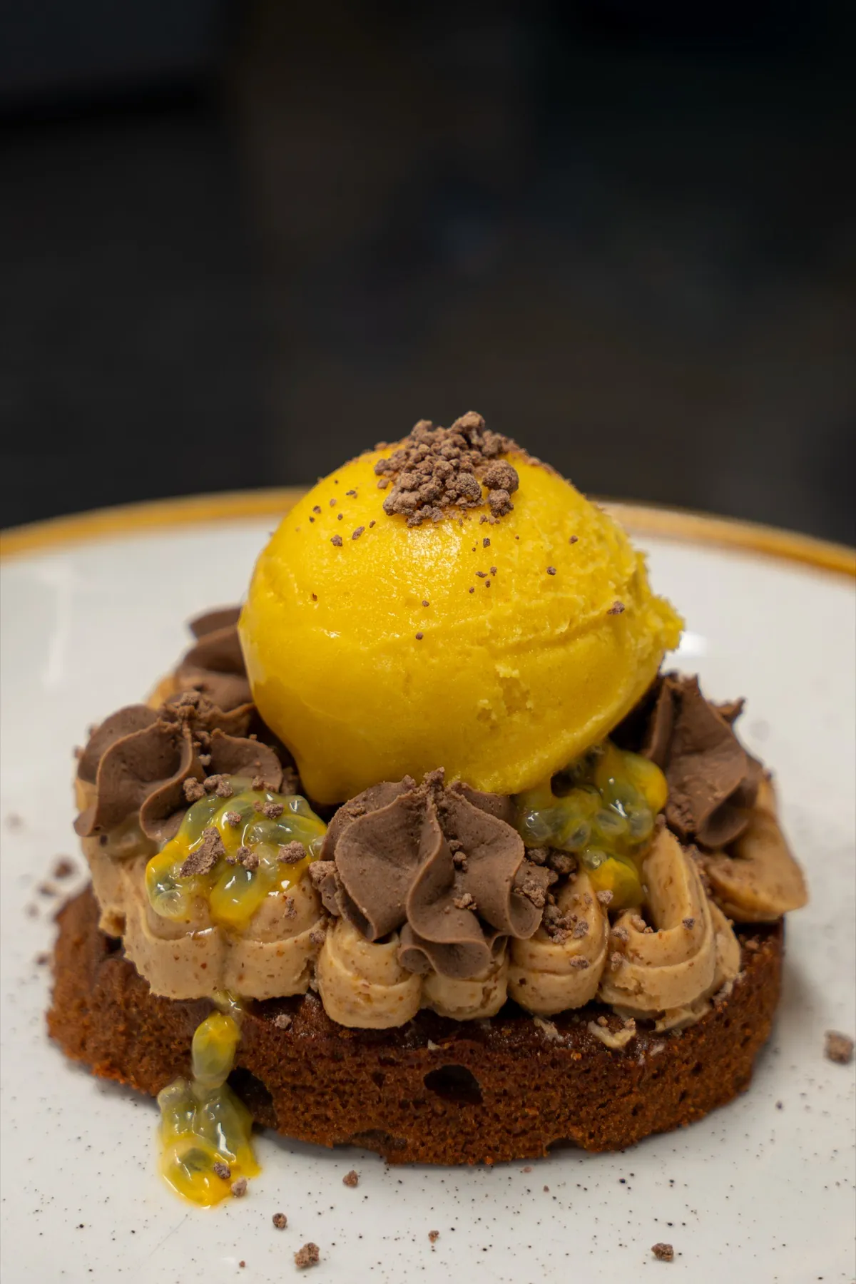 Dessert met mangosorbet, chocoladeroom en passievrucht