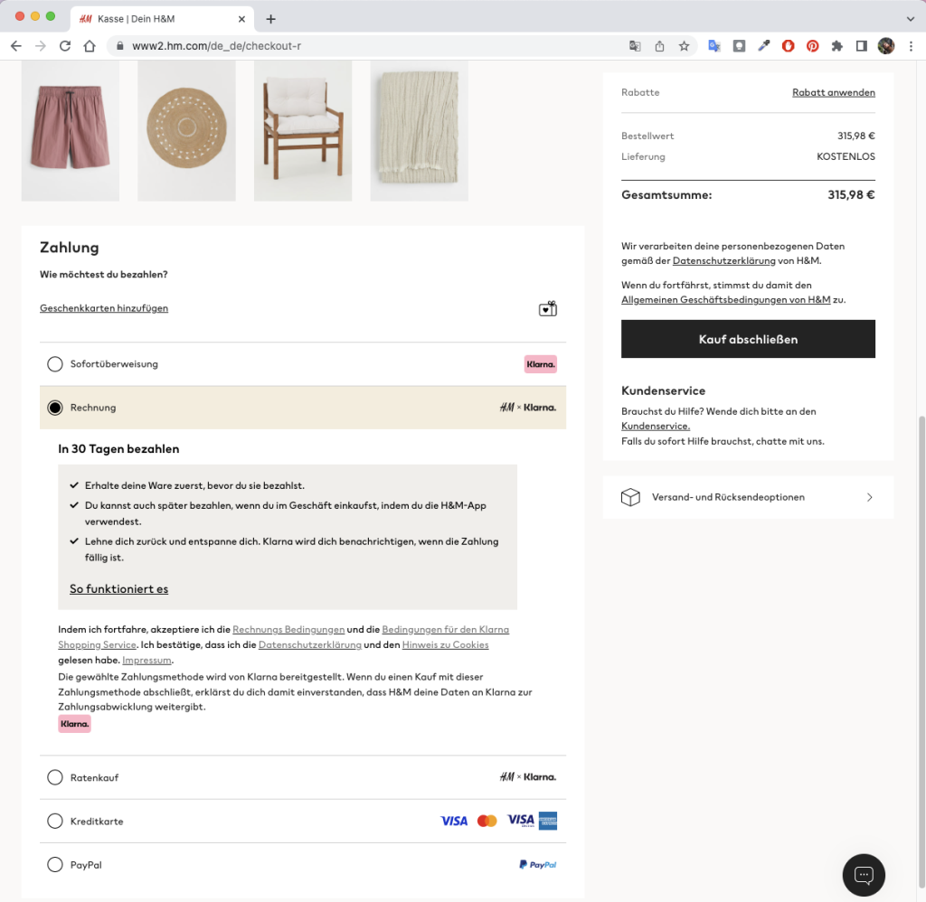 German H&M checkout page (2022)