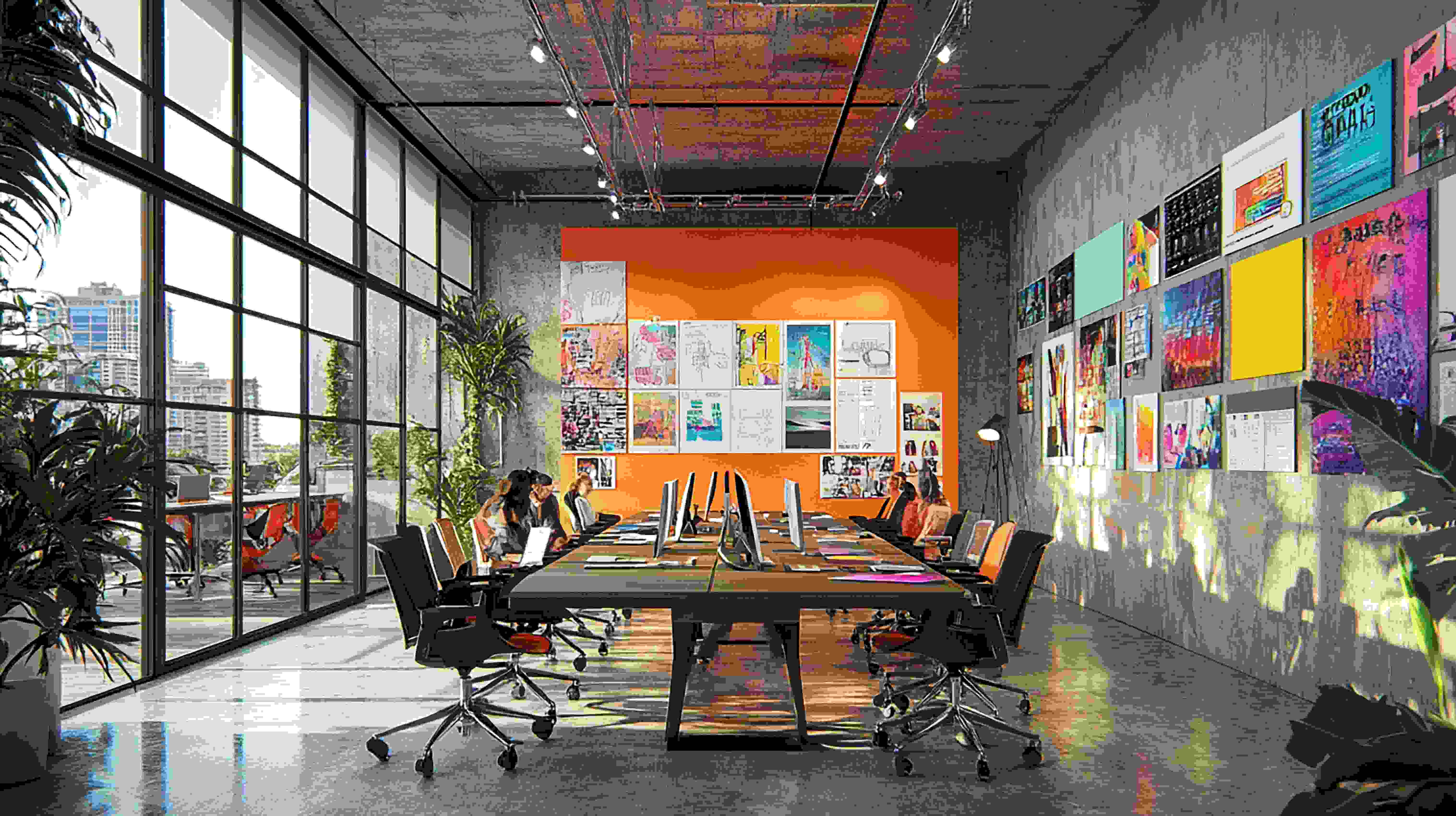 Modern office space with concrete floor and ceiling, featuring a long wooden table with computers and office chairs on both sides, large floor-to-ceiling windows on the left letting in natural light, colorful artworks on the right wall and a bright orange accent wall at the far end decorated with multiple posters, with several people working at the desks.